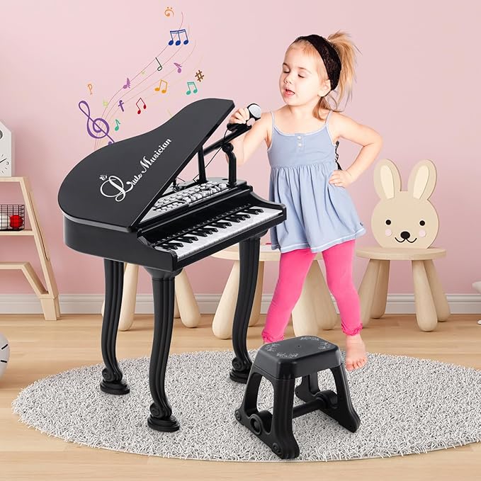 Costzon Kids Piano, 37 Key Mini Grand Piano Toy Keyboard with Microphone, Stool & Lights, Portable Electronic Piano Educational Musical Instrument Toy, Birthday Gift for Toddler Boys Girls (Black)