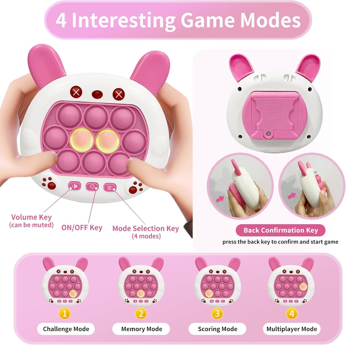 Pop Quick Push Game Console Fidget Toys Light Up Handheld Puzzle Press Popping Toy for Kids Adult Cute Rabbit