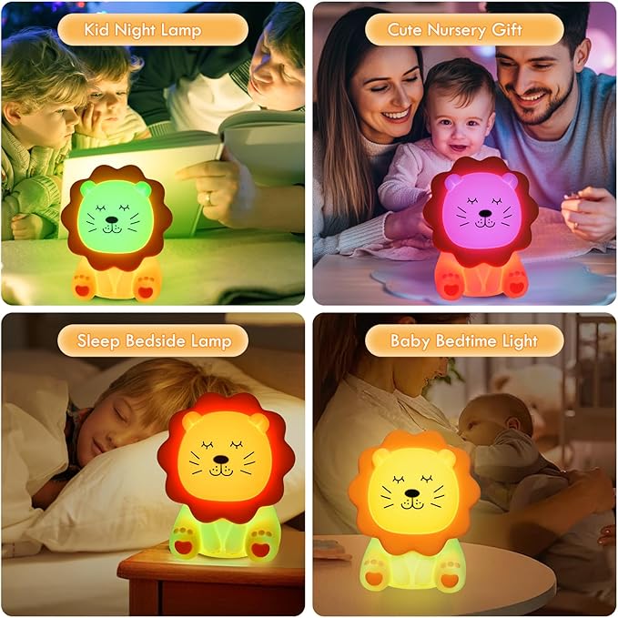 Night Light for Kids, 7 Colors Soft Silicone Kids Night Light with 3 Level Dimmable, Rechargeable Anti-glare Nursery Night Light with Warm White & Multicolor, Squishy Cute Lion Bedside Touch Lamp