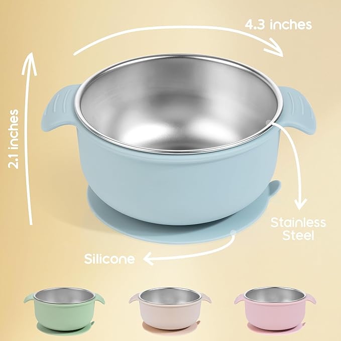 Bella’s Friends Stainless Steel and Silicone Baby Bowls with Suction 3 Pack, 4.3” for Toddlers Kids Feeding, Non-Slip, Non-Toxic, Mess-Free, Dishwasher Safe, Fit High Chair Size,beige green light pink