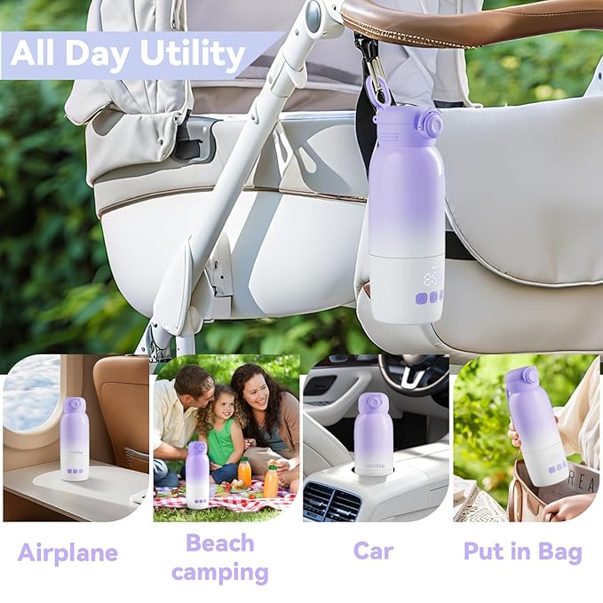 Portable Bottle Warmer for Travel - Large 12oz Capacity with Dual Heating Modes for Breast Milk & Water, Fast Heating Smart Temperature Control, Portable Milk Warmer Gifts for New Mom Purple