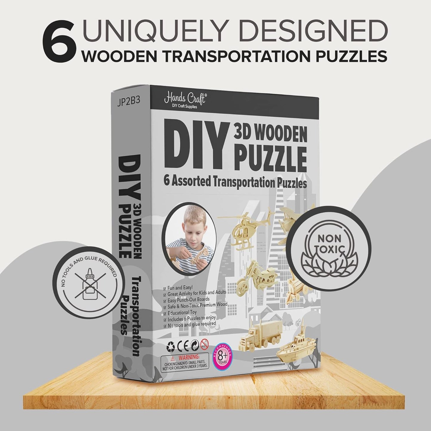 Hands Craft DIY 3D Wooden Puzzle – 6 Assorted Transportation Bundle Pack Set Brain Teaser Puzzles Educational STEM Toy Adults and Kids to Build Safe and Non-Toxic Easy Punch Out Premium Wood JP2B3