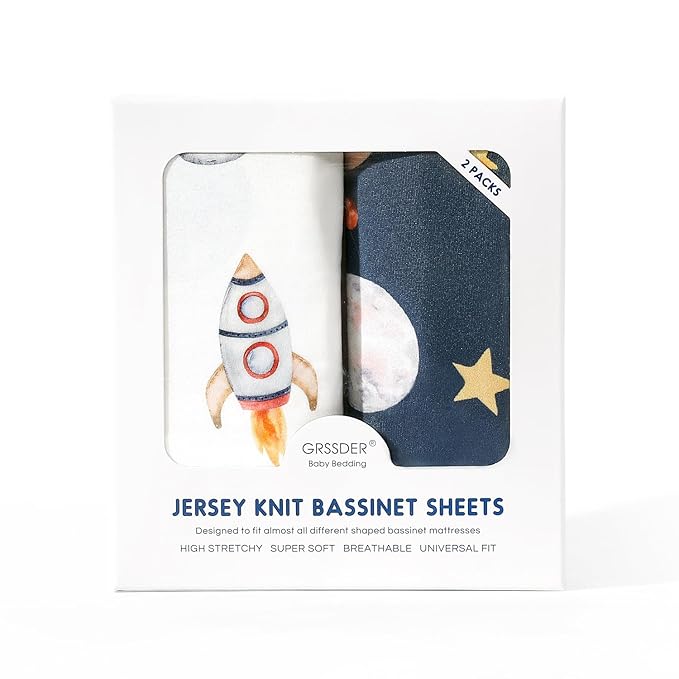 Stretchy Ultra Soft Fitted Bassinet Sheet Set 2 Pack, Universal Fit for Bassinets Baby Cradle Moses Basket Oval Rectangle Mattress Safe and Snug, Space Stylish Print