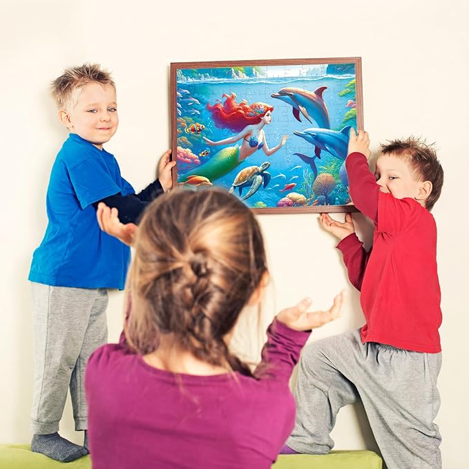 100 Piece Jigsaw Puzzle for Kids Age 4-8 Teens Gift Family Time Undersea Mermaid Princess Puzzles (Blue- Mermaid)