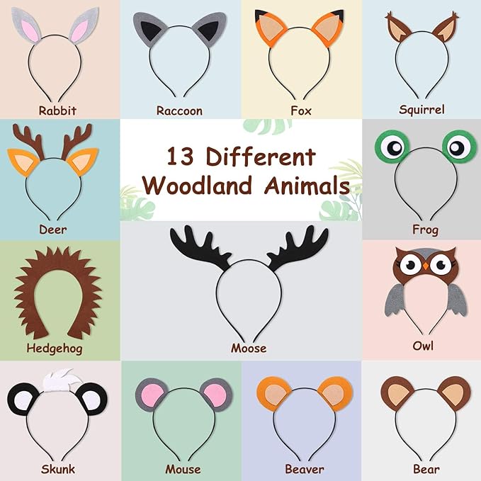 13PCS Woodland Animal Headbands Forest Friend Wild One Camping Theme Felt Ears Headbands For Woodland Creature Theme Baby Shower Birthday Party Favors Kids Adults Cosplay Apparel Party Supplies