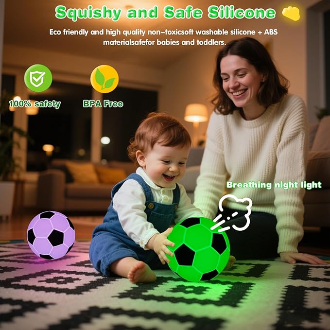 Soccer Silicone Night Light for Kids , 9 Colors with Remote Timer, Dimmable Rechargeable Baby Night Lights for Nursery, Battery Operated Lamp for Bedroom, Girls and Boys, Toddler, Baby Gifts (5.12 IN)