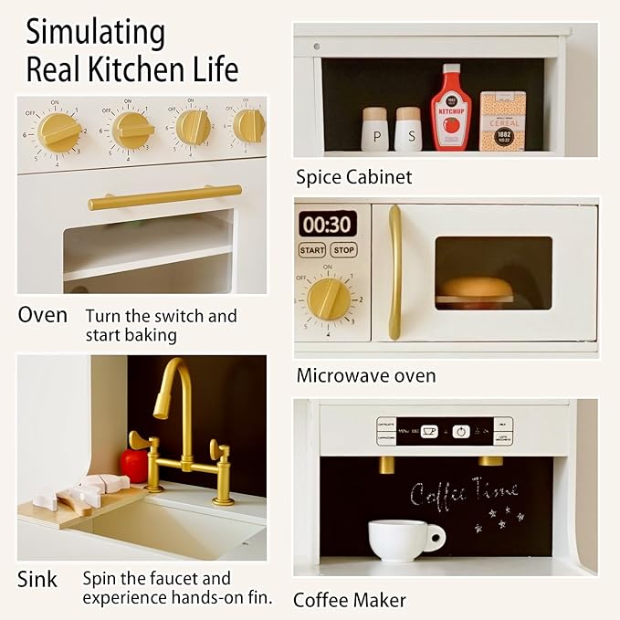 Play Kitchen for Kids with Various Interactive Toddler Kitchen Play Features and 19 Pcs Pretend Wooden Kids Kitchen playset Accessories, Toy Kitchen Set for Boys and Girls Ages 3+
