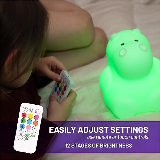 LumiPets Honey the Hippo Silicone Night Light for Kids | Squishy Lamp with Tap & Remote Control | Rechargeable, 9 Color Changing Animal Night Light for Boys & Girls | Portable Nightlight With USB Cord