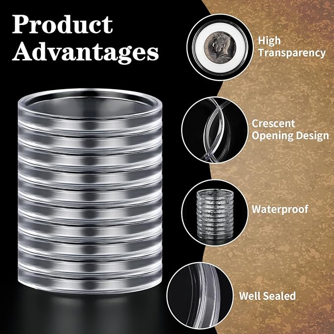 10PCS Clear Coin Capsules, Silver Dollar Coin Holder, Coin Holders for Collectors, Plastic Coin Case with Adjustable Gasket & Organizer Box for Morgan Silver Dollar | 16/20/25/27/30/33/38/46mm