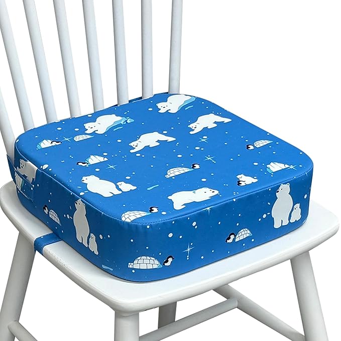 Toddler Booster Seat for Kitchen Chair, 3.5" Oxford Foam Cushion, Non-Slip Base, Adjustable Straps, Portable Dining Booster for Self-Feeding Toddlers at Home or on The Go (Polar Bear)