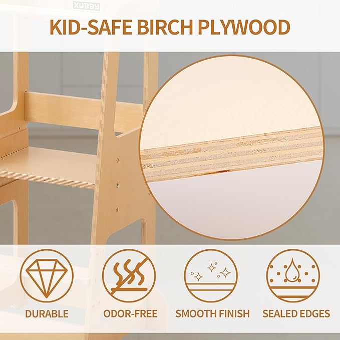 Toddler Kitchen Helper Tower for Ages 1–6 – 3-Level Adjustable Learning Tower with Safety Design, Toddler Standing Tower & Kitchen Helper Stool, CPC Certified, Natural