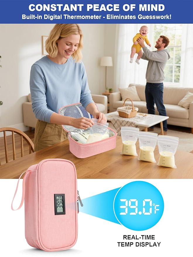 YOUSHARES Breastmilk Cooler Travel Bag with Digital Thermometer, Small Insulated Baby Milk Storage with 2 Ice Packs, Daycare and On-The-Go Moms （Pink）