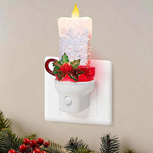 Christmas Candle Night Light Plug into Wall Glitter Water Nightlight with USB/Outlet Options, Christmas Decorative Nightlight for Bedroom Kitchen Nursery Hallway Holiday Decorations Gifts (Candle)