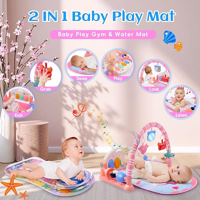 Baby Gyms Play Mats with Tummy Time Water Mat, Baby Activity Mat Play Piano Gym with 5 Sensory Toys for Babies, Music and Lights Boy & Girl Gifts for Infant Newborn Babies 0-3 4-6 6-9 6-12 Months