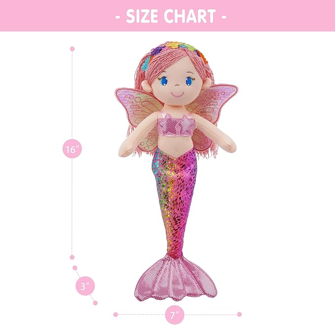 June Garden 16" Selina Pearl Mermaid Fairy Doll – Soft Plush Doll with Shimmery Wings & Sparkly Tail – Huggable Stuffed Toy Gift for Girls Age 18 Months and Up