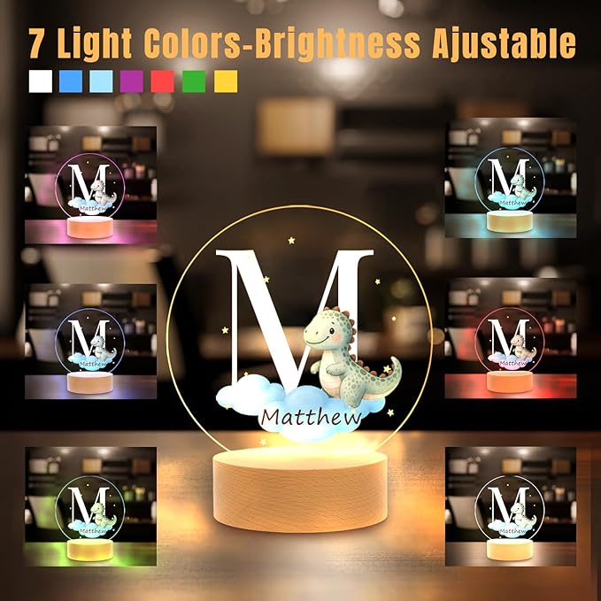 Custom Baby Gift Night Light for Baby Boys Girls Nursery Decor, Personalized Initial Name LED Night Light with Wooden Base, LED Color-Changing Lamp for Toddlers Kids 2