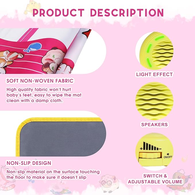 M SANMERSEN Piano Mat - Musical Keyboard Playmat 39.5" Electronic Music Animal Touch Play Blanket Funny Xmas Gift Toy for 1 2 3 Year Old (Pink)