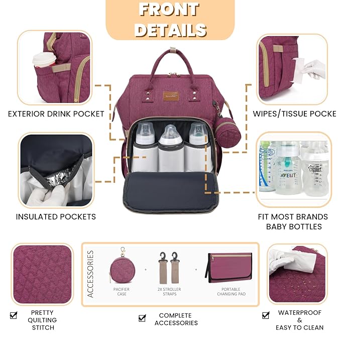 Diaper Bag Backpack with Changing Pad, Pacifier Case, Baby Bag for Boy Girl Toddler - Large, Stylish, Waterproof Travel Quilted Diaper Bag for Mom - Baby Shower - Purple