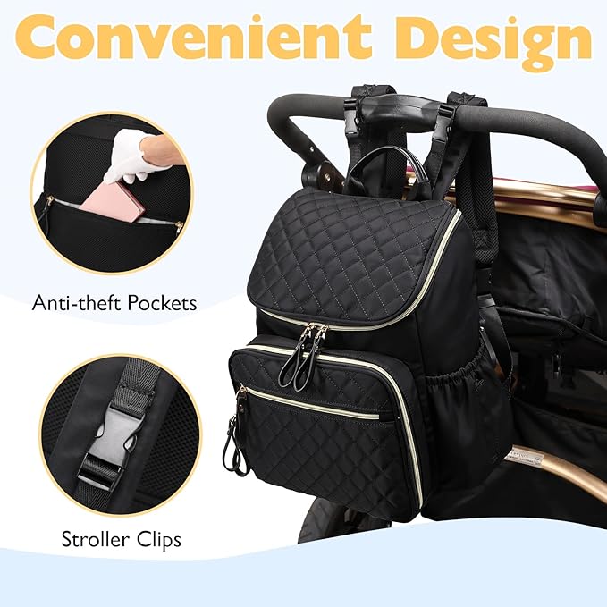 Large Capacity Diaper Bag Backpack with Stroller Buckle, Water-Resistant Travel Baby Bag with Insulated Pockets (Classic, Black-gold)