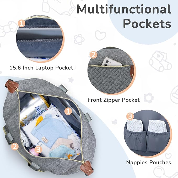 Diaper Bag Tote, Baby Bag Travel Diaper Tote Bag with Pacifier Case, Cute Maternity Hospital Baby Stylish Diaper Tote for Mom Dad Grey