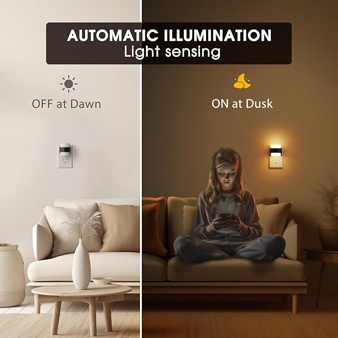 Night Light, Night Lights Plug into Wall, LED Nightlight for Kids & Adults, 3CCT Adjustable 3000K/4000K/5000K Color, Dusk to Dawn Sensor, 3 Brightness Levels, 2 Pack