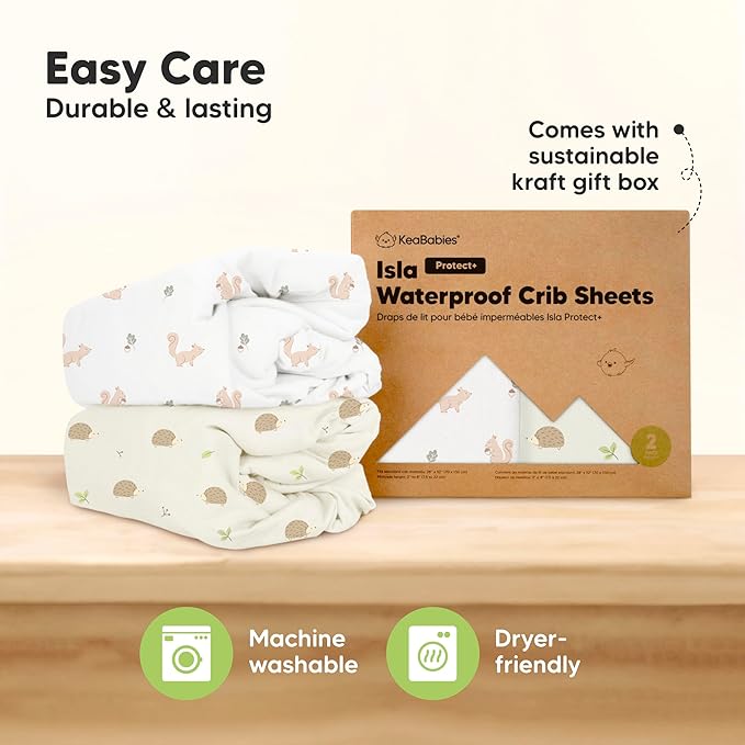 2-Pack Waterproof Baby Crib Sheets for Boys, Girls - 52x28 Viscose Derived from Bamboo Toddler Bed Sheet Neutral, Fitted Crib Mattress Protector Cover for Baby Bedding, Soft & Gentle (Nibbles/Bruce)