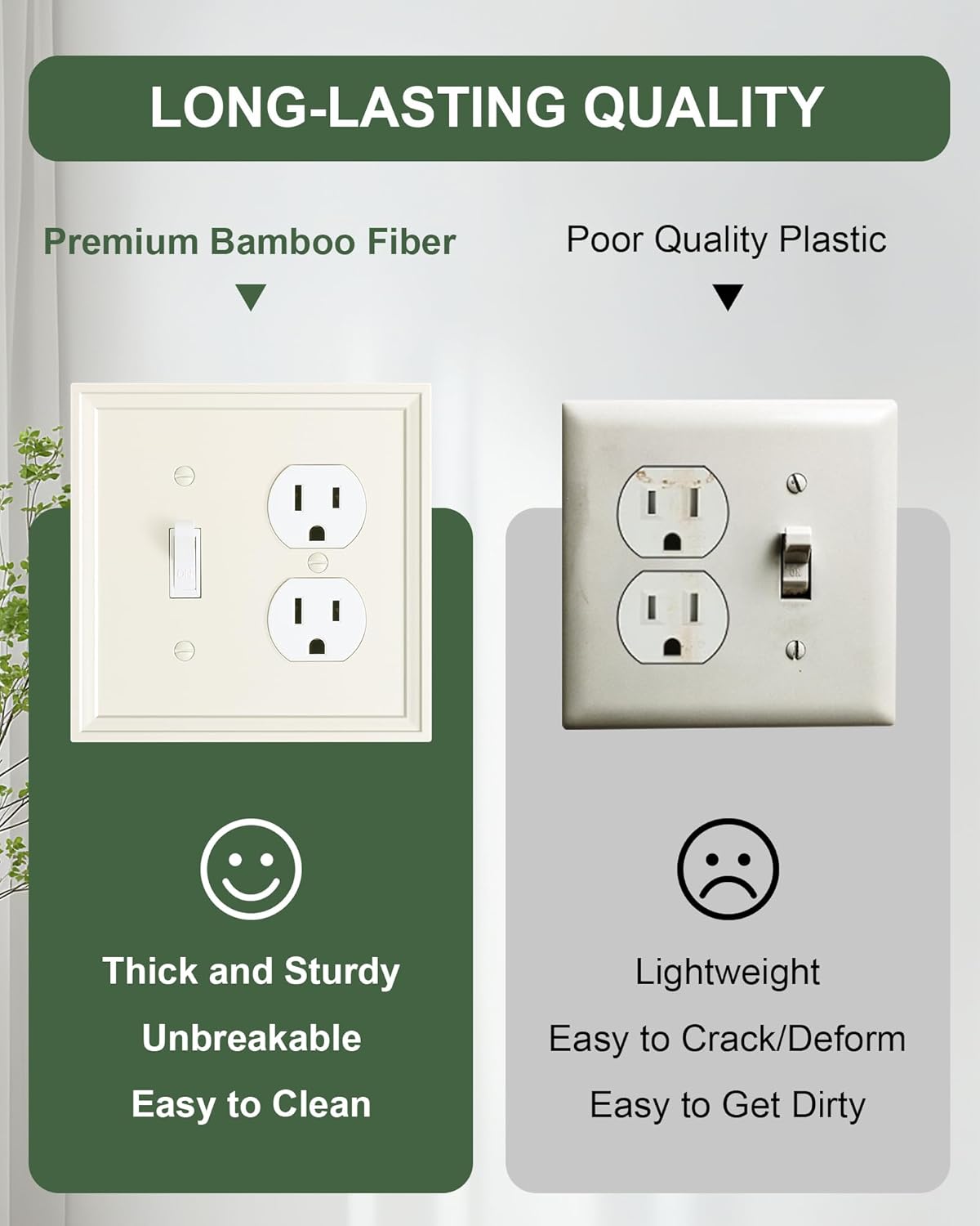 2-Pack Combo Toggle/Duplex Light Switch Cover Plate, Light Almond Wall Outlet Cover Plate, Natural Bamboo Fiber Decorative Wall Receptacle Cover for Electrical Outlets, Light Switch