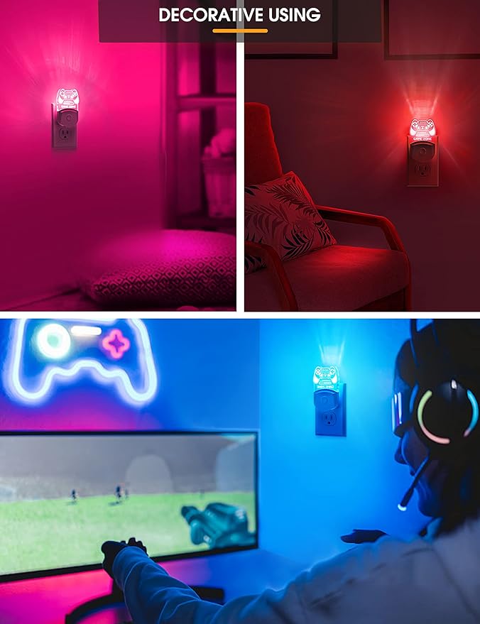 LED Game Sign Gamepad Shape Night Light, Plug in Night Light with Multi Color Personalized, Dusk to Dawn Sensor, Ideal for Boys, Game's Room Decor, Bedroom