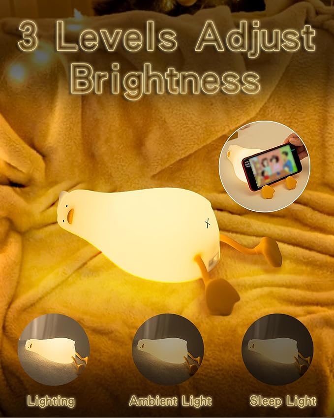 Lying Flat Duck Night Light, Cute Silicone Duck Lamp, LED Nursery Nightlight, Dimmable Bedside Touch Lamp, Rechargeable Light Up Duck for Breastfeeding Toddler White, LADK001WH