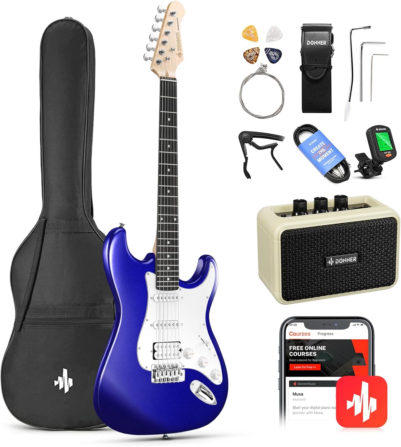 Donner 39-Inch Electric Guitar Kit - Purple Sapphire Blue HSS Pickup, Amplifier, Lessons, Bag, Tuner, Capo, Strap, Cable, Picks
