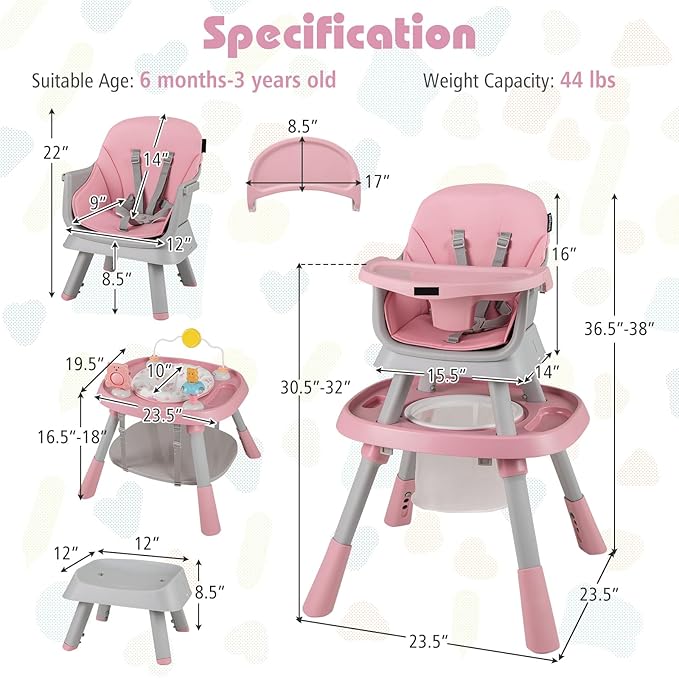 KOTEK 16 in 1 Convertible High Chair, Baby Highchair & Activity Center with Toys, Booster Seat, Building Block Table, Toddler Chair with 5-Point Harness, Removable Tray & Cushion (Pink)