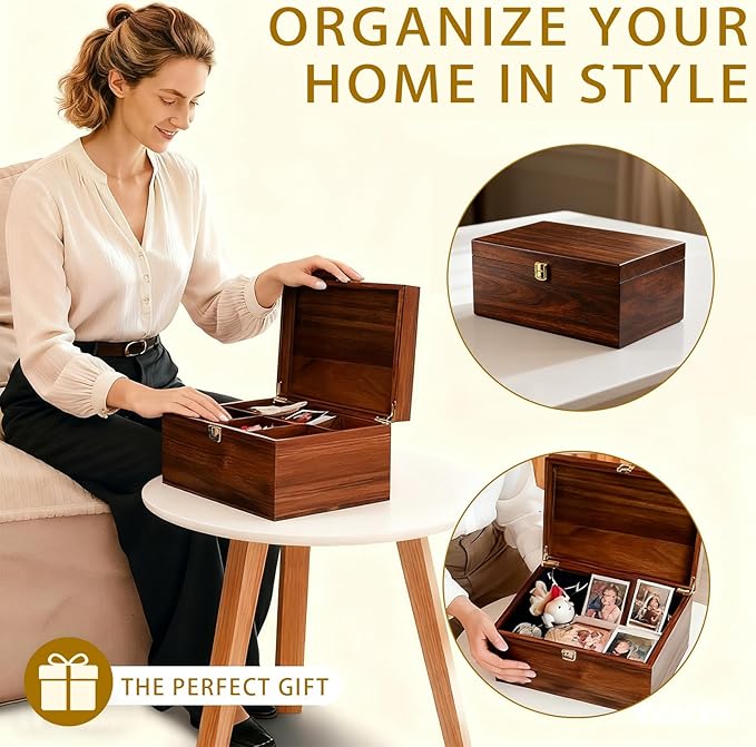 Large Wooden Storage Box with Adjustable Tray, 12.5 IN Acacia Wood Keepsake Box with Lid for Storage Trinkets, Jewelry, Card, Photo, Wooden Decortive Case for Home 12.5x9.4x6.1 IN -WB006-X Large