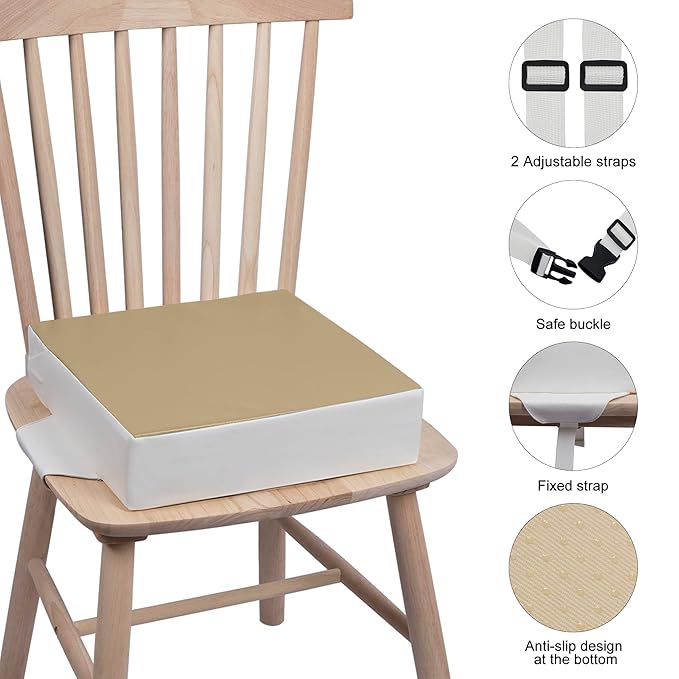 Kalawen Toddler Booster Seat for Table, Waterproof PU Washable Thick Seat with 2 Adjustable Straps Safety Buckle
