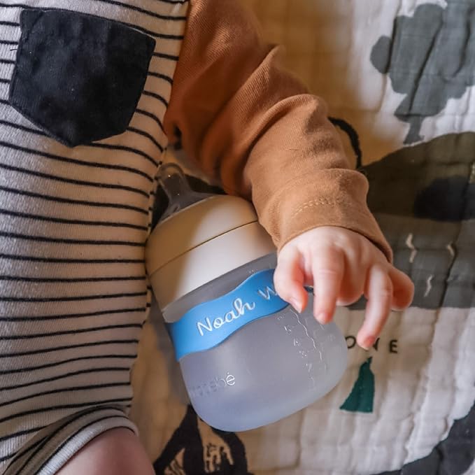 InchBug Orbit Labels - Baby Bottle Name Labels for Daycare, Sippy Cup Bands - Engraved Silicone, Reusable, Dishwasher Safe, White Contrasting Personalization, 4-Pack (Sea Glass)