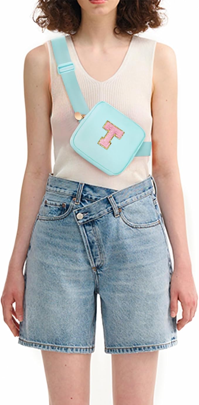 Mini Belt Bag Fanny Pack with Initials Letter Patch Small Crossbody Bags Cute Stuff Birthday Gifts for Teenager Girls Trendy Stuff for Teens - T,Blue