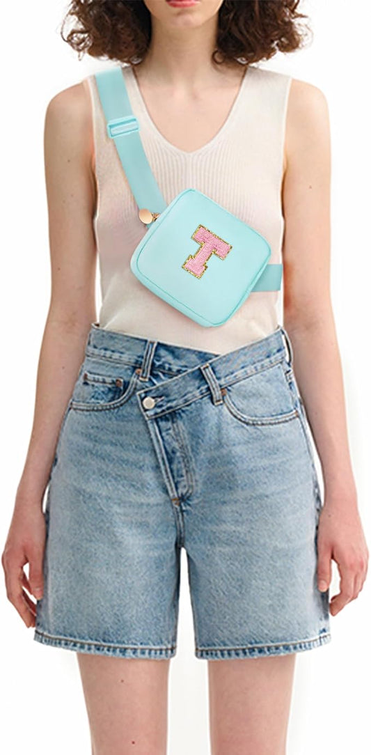 Mini Belt Bag Fanny Pack with Initials Letter Patch Small Crossbody Bags Cute Stuff Birthday Gifts for Teenager Girls Trendy Stuff for Teens - T,Blue
