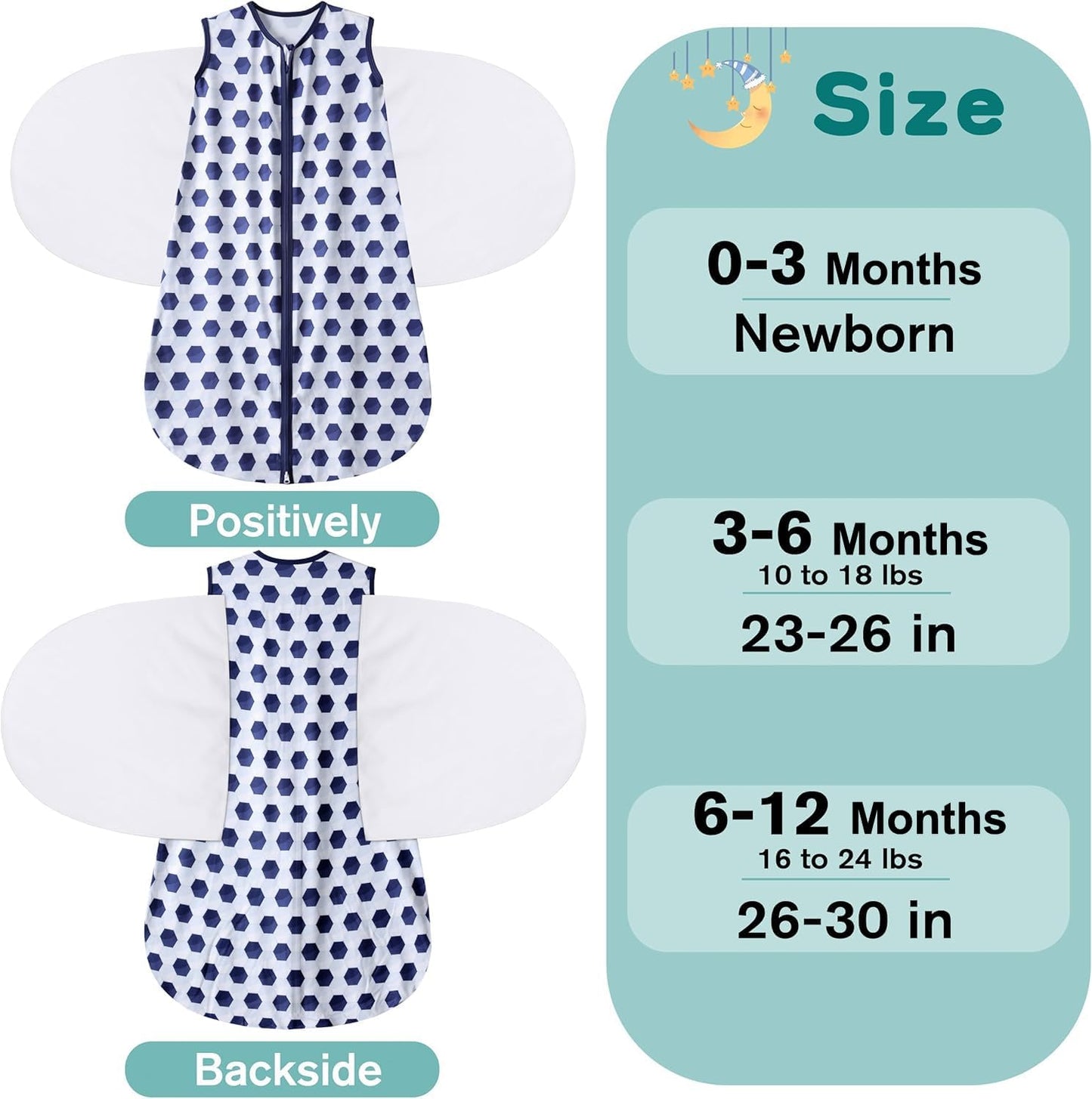 Newborn Sleep Sack Baby Swaddle,3-Way Adjustable Wearable Blanket,100% Rayon Cotton Swaddling Sleeping Bag，TOG 0.5 (Soccer & Triangles, 0-3 Months)