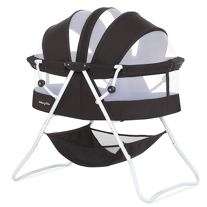 Dream On Me Karley Bassinet in Black, Lightweight Portable Baby Bassinet, Quick Fold and Easy to Carry, Adjustable Double Canopy, Indoor and Outdoor Bassinet with Large Storage Basket.
