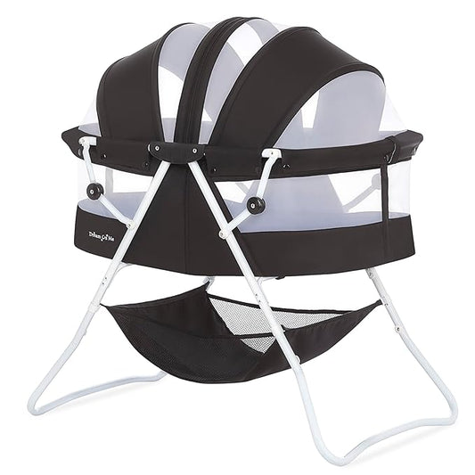 Dream On Me Karley Bassinet in Black, Lightweight Portable Baby Bassinet, Quick Fold and Easy to Carry, Adjustable Double Canopy, Indoor and Outdoor Bassinet with Large Storage Basket.