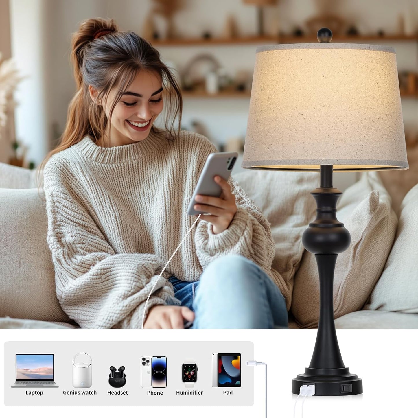28.75'' Modern Black Metal Table Lamps Living Room Lamp for Nightstand Bedside End Lamp Home Decor Touch Lamp Modern Lamps with USB A+C Ports & Outlets （Bulb Included）