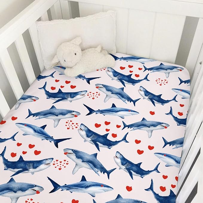 Sea Shark Love Baby Crib Sheets 52''x28'' Ocean Animals Hearts Fitted Crib Mattress Cover for Boy Girl Nursery Baby Bed Sheets for Standard Crib and Toddler Mattresses