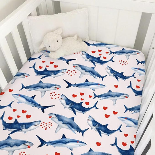 Sea Shark Love Baby Crib Sheets 52''x28'' Ocean Animals Hearts Fitted Crib Mattress Cover for Boy Girl Nursery Baby Bed Sheets for Standard Crib and Toddler Mattresses