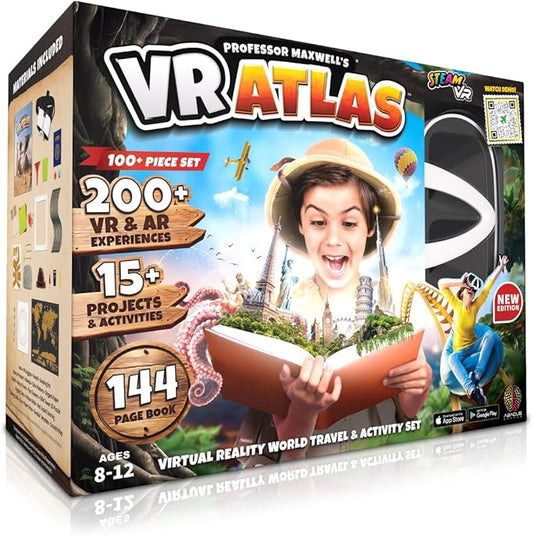 Professor Maxwell's VR Atlas - Virtual Reality Kids Science Kit, Book and Interactive Geography STEM Learning World Travel Activity Set (New Edition)