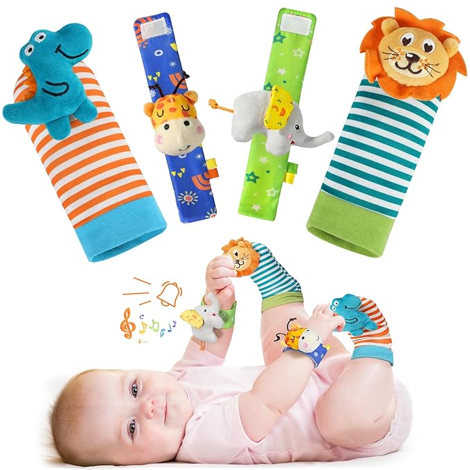 URMYWO Wrist Rattles for Baby - Rattle Socks - Foot Finder Set - Baby Toys for 0-12 Months Infant - Newborn Essentials - Early Learning Sensery Toys for Boys and Girls as Shower Gifts