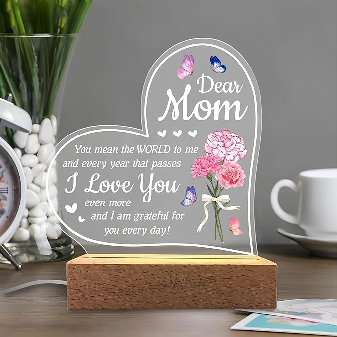 Carnation Heart Shape 3D Crystal Acrylic Light Base with Wood Stand, LED Light for Kids Room Decor, Gift for Mom on Birthday or Holiday, Home Décor Art Display