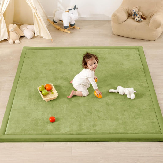 Ultra Soft Baby Play Mat,1.3" Thick Elasti-Foam Tummy Time Mat for Infants,Toddlers,Kids,Water-Repellent Coral Fleece Nursery Rug,Non-Slip Safe for Crawling&Hardwood Floors(Olive Green)