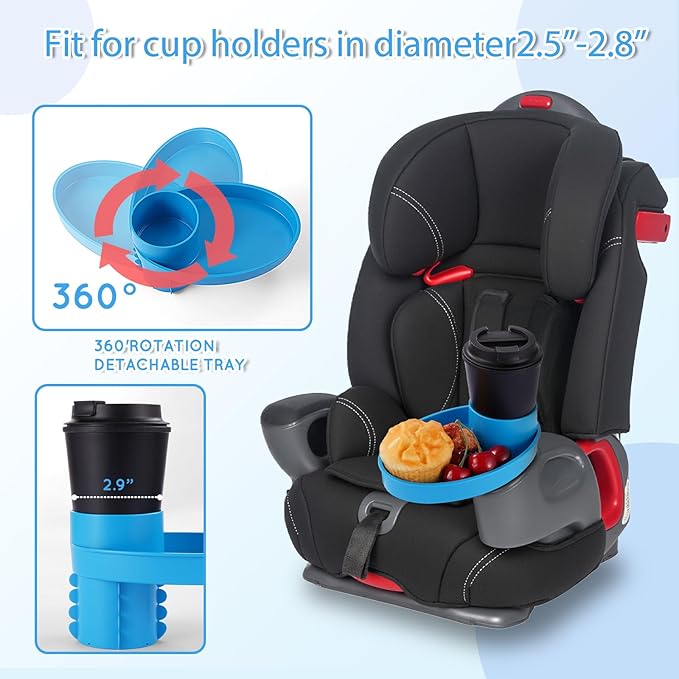 Car Seat Tray - Easily Expands Snack Tray Cup Holder Tray into 360° Cup & Travel Tray for Kids Car Seat, Booster, and Stroller (Blue)