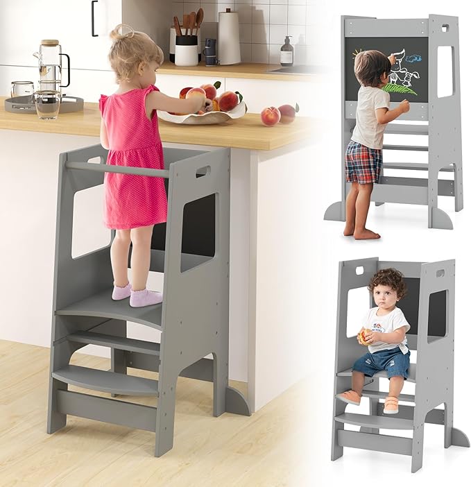 INFANS Toddler Standing Tower, Kids Montessori Kitchen Step Stool Helper with 2 Adjustable Height Learning Blackboard Safety Rail Wooden, Anti-Slip Mats, 1-3 Year Old Boy Girl Gifts (Grey)