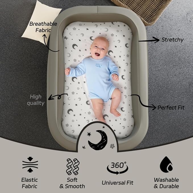 4 Pack Star and Moon Neutral Unisex Fitted Baby Sheets Set for Baby Boys or Girls (Bassinet Sheets)