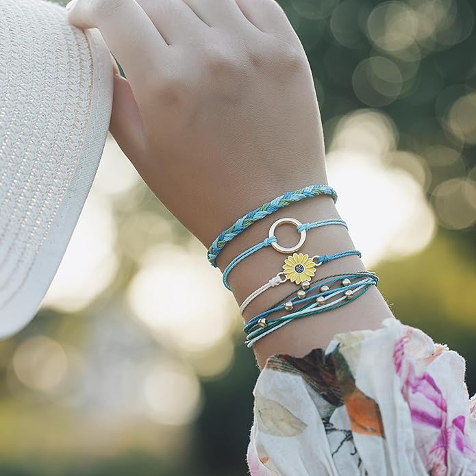 FANCY SHINY Sunflower String Bracelet Boho Braided Rope Wrap Bracelets Cute Summer Beach Surfer Jewelry for Women Christmas Gifts